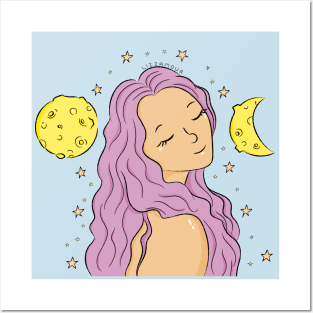 Purple Haired Girl with Moons and Stars Illustration Posters and Art